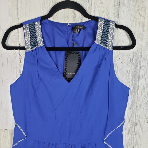 NWT Colorblock Royal Blue Sleeveless V-Neck Mini Dress Women's Size Medium - Picture 2 of 10